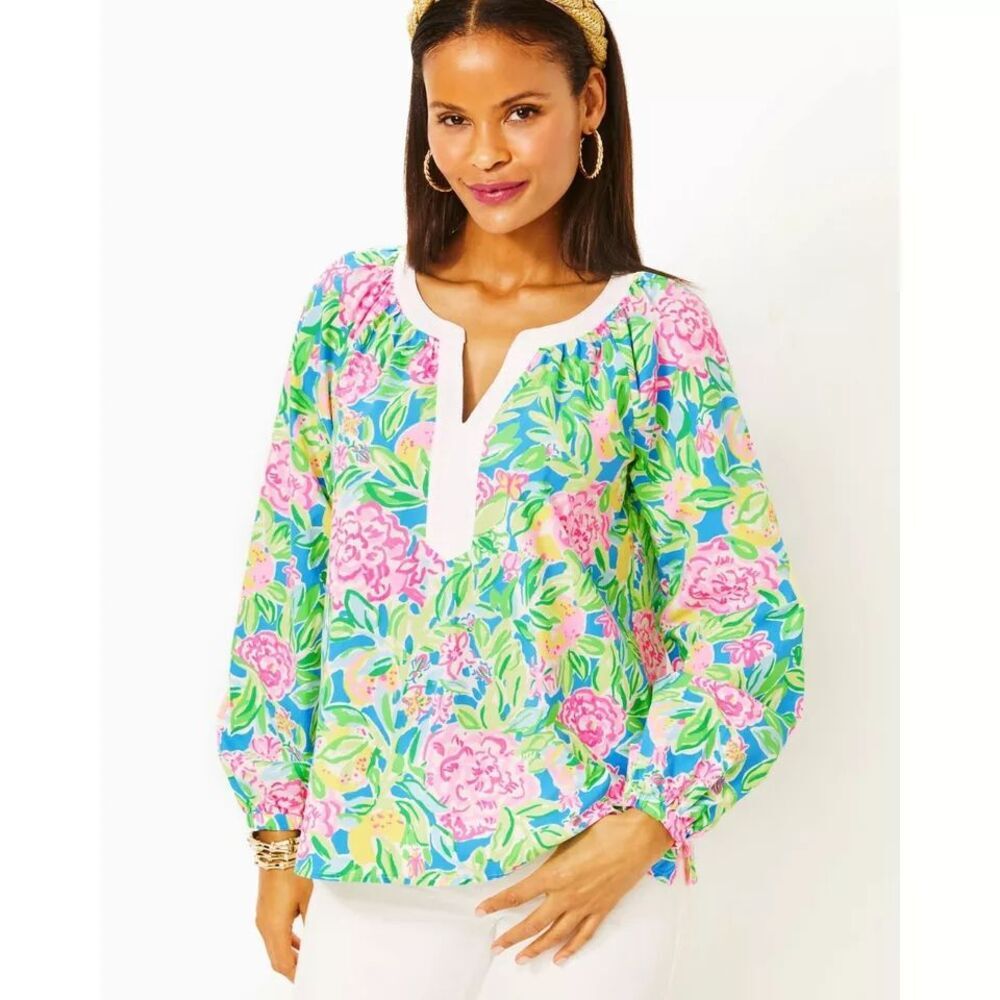 Lilly Pulitzer Womens Top Small Camryn Cotton Tunic Multi Grove Garden Blouse